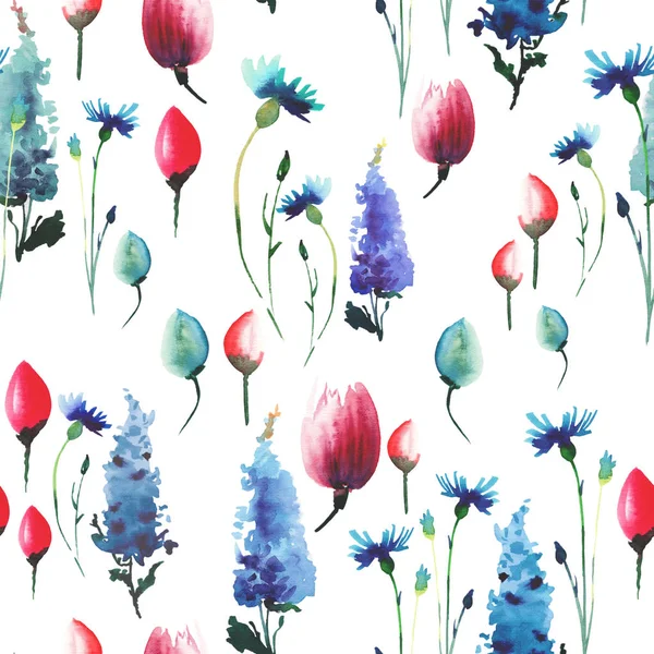 Prachtige mooie elegante afbeelding verfijnde lente bloemen kruiden kleurrijke textiel blauw Delphinium rood roze tulpen en blauwe korenbloemen met toppen patroon aquarel hand schets — Stockfoto