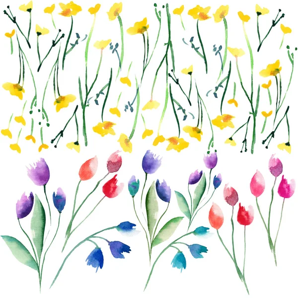 Tender delicate beautiful bright sophisticated spring colorful textile yellow wildflowers  and red pink violet tulips and blue bluebells with leaves pattern watercolor hand sketch — Stock Photo, Image