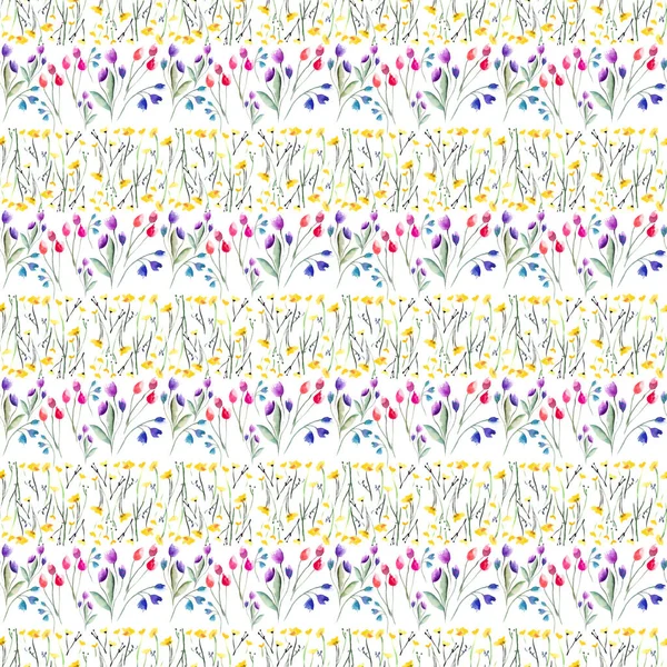 Inschrijving delicaat mooie helder verfijnde voorjaar kleurrijke textiel gele wilde bloemen en rode roze violet tulpen en blauwe bluebells met bladeren patroon aquarel hand schets — Stockfoto