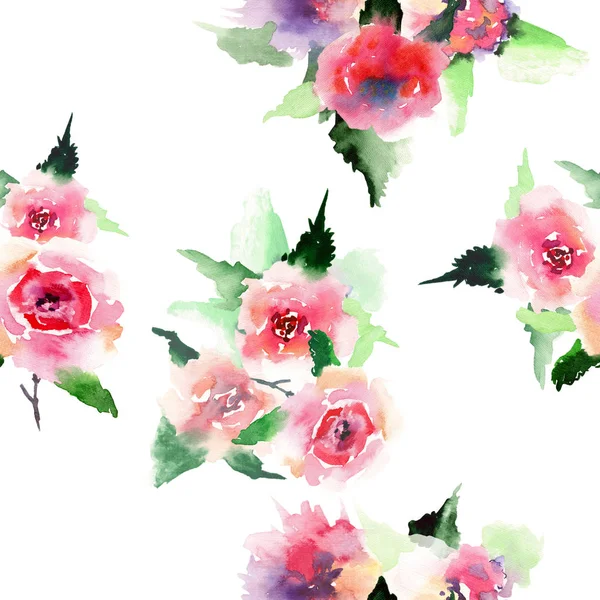 Κομψό εξελιγμένα υπέροχο floral πολύχρωμο άνοιξη καλοκαίρι ροζ και κόκκινα τριαντάφυλλα με πράσινα φύλλα ανθοδέσμες διαγώνια μοτίβο ακουαρέλα χέρι εικονογράφηση — Φωτογραφία Αρχείου