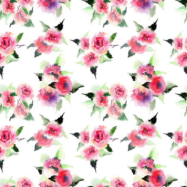 Vacker söt blommig växtbaserade underbara magnifika underbara våren färgstark rosa och röda rosor med blad mönster akvarell hand illustration — Stockfoto