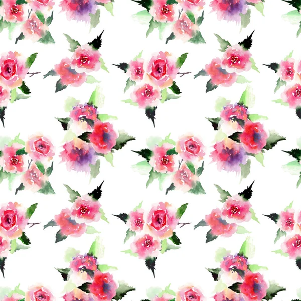 Belle mignon floral à base de plantes magnifique magnifique magnifique printemps coloré roses roses et rouges avec motif de feuilles aquarelle illustration à la main — Photo