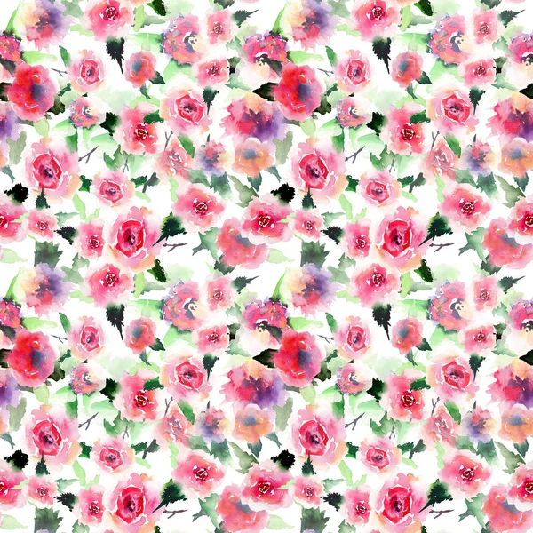 Linda brilhante bonito elegante linda floral colorido primavera verão rosa e rosas vermelhas com botões e folhas buquês diagonal padrão aquarela mão esboço — Fotografia de Stock