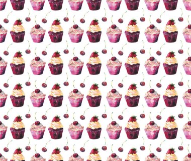 Parlak güzel ihale lezzetli lezzetli çikolata lezzetli yaz tatlı kek krem kırmızı kiraz ve çilek deseni suluboya el çizim ile