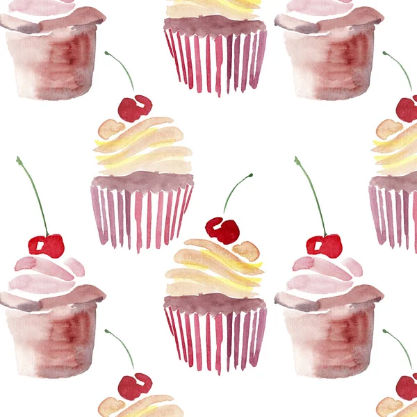 Hell schön zart reizend süß lecker lecker sommerliches Dessert zwei Cupcakes mit rotem Kirschmuster Aquarell Handskizze — Stockfoto