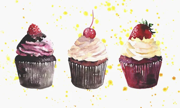 Heldere mooie tedere heerlijke lekkere chocolade lekker zomerse dessert drie cupcakes met rode kersen aardbei en framboos op gele spray aquarel hand illustratie — Stockfoto