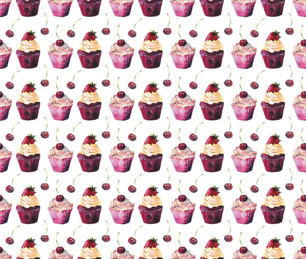 Bright beautiful tender delicious tasty chocolate yummy summer dessert cupcakes with cream red cherry and strawberry pattern watercolor hand illustration — Stock Photo, Image
