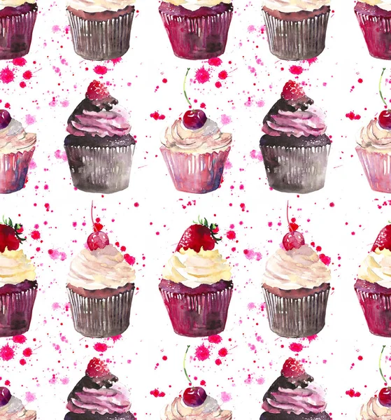 Brilhante belo concurso delicioso saboroso chocolate delicioso cupcakes de sobremesa de verão com morango cereja vermelha e framboesa no padrão de spray rosa vermelho aquarela esboço da mão — Fotografia de Stock