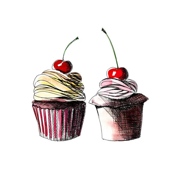 Bonito macio gráfico brilhante delicioso saboroso chocolate delicioso sobremesa de verão dois cupcakes com padrão de spray de morango cereja vermelho aquarela e caneta ilustração mão — Fotografia de Stock