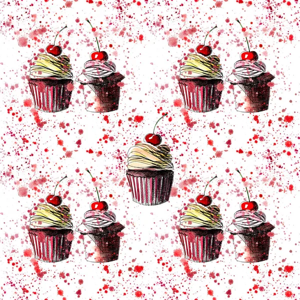 Beautiful tender bright graphic delicious tasty chocolate yummy summer dessert cupcakes with red cherry strawberry on red spray pattern watercolor and pen hand illustration — Stock Photo, Image