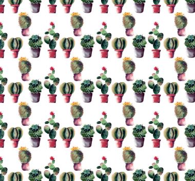 Bir iki satır renkli kaktüsler kırmızı ve kahverengi kil tencere çiçek dikey ışıma suluboya el kroki ile güzel şirin grafik harika soyut güzel parlak yaz desen