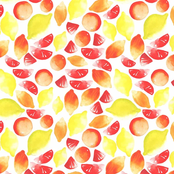 Delicioso delicioso delicioso delicioso verano tropical cítricos multicolor en rodajas y limones enteros y patrón de pomelo acuarela ilustración de la mano — Foto de Stock