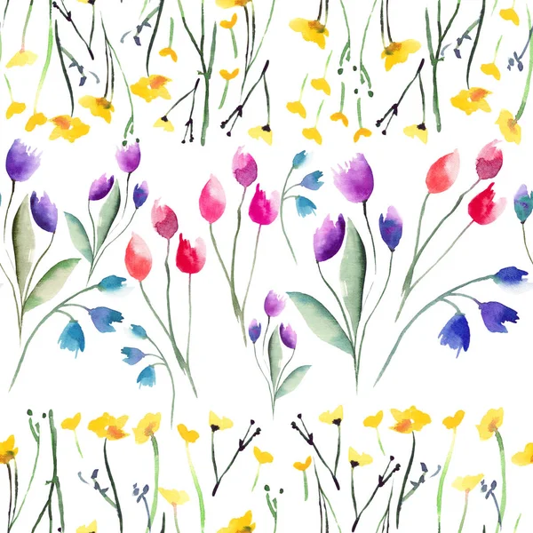 Tender delicate beautiful bright sophisticated spring colorful textile yellow wildflowers  and red pink violet tulips and blue bluebells with leaves pattern watercolor hand sketch — Stock Photo, Image