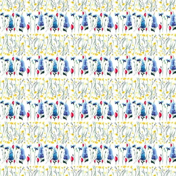 Jemné světlé sofistikované kvítí modré barevné textilní delphiniums a žluté květy s listy linie vzor akvarel rukou skici — Stock fotografie