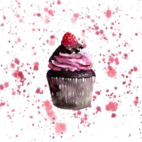 붉은 분홍색 스프레이 수채화 손 스케치에 빨간 딸기와 밝은 아름 다운 부드러운 맛 있는 맛 있는 초콜릿 맛 있는 여름 디저트 컵 케 익 — 스톡 사진