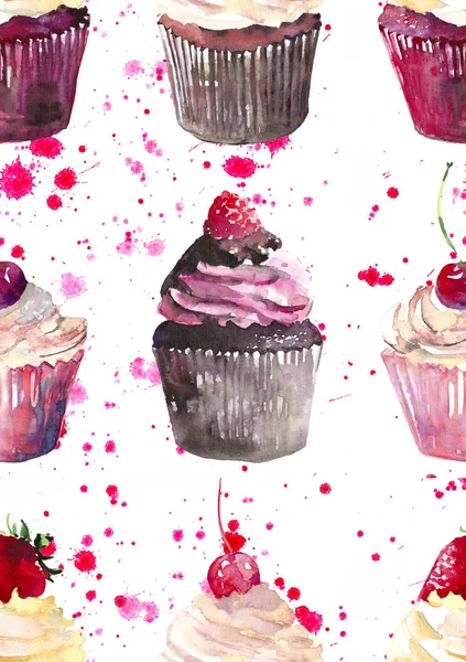 Bright beautiful tender delicious tasty chocolate yummy summer dessert cupcakes with red cherry strawberry and raspberry on red pink spray pattern watercolor hand sketch — Stock Photo, Image