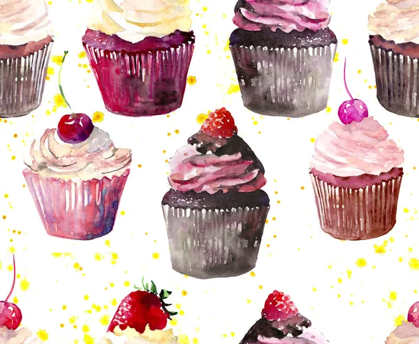 Hell schön zart köstlich lecker Schokolade lecker Sommer Dessert Cupcakes mit roter Kirsche Erdbeere und Himbeere auf gelbem Sprühmuster Aquarell Hand Illustration — Stockfoto