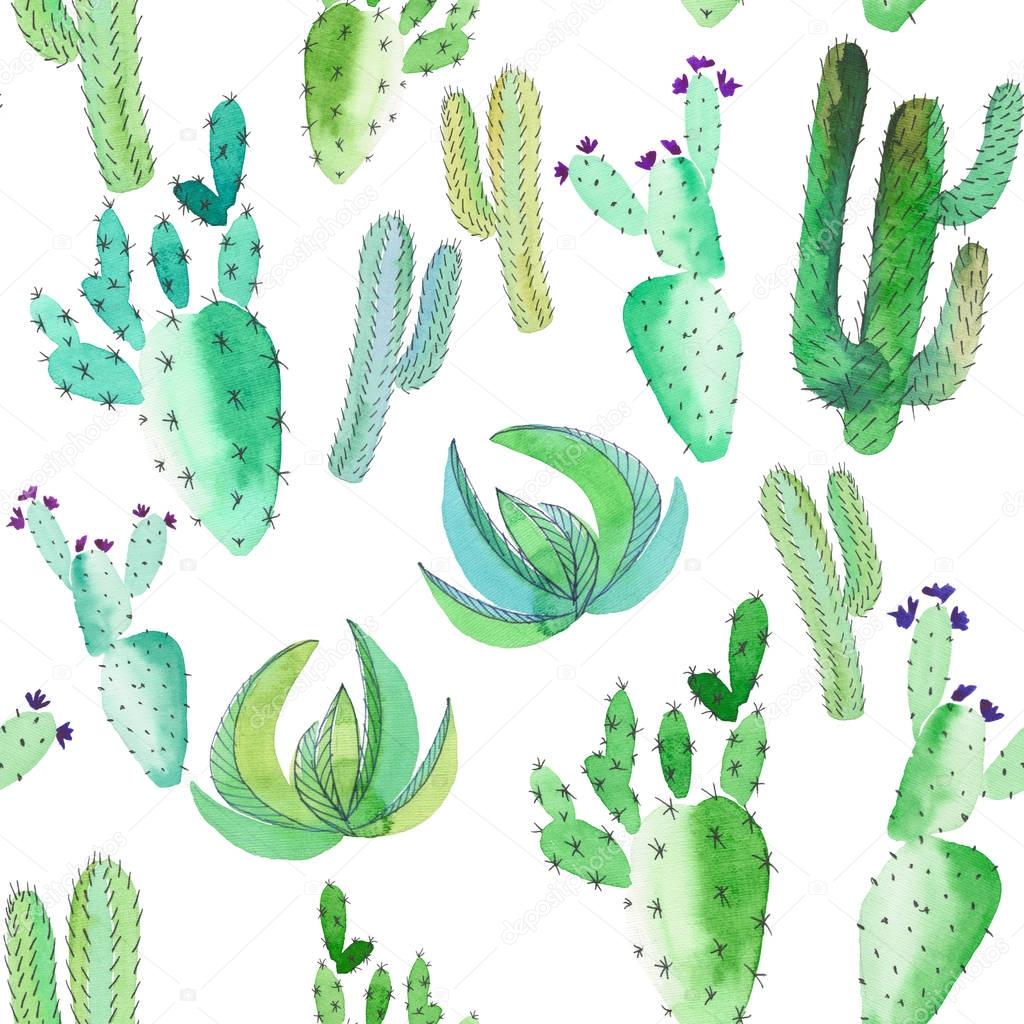 Bright lovely sophisticated mexican hawaii tropical floral herbal summer green pattern of a cactus paint like child watercolor and pen hand sketch