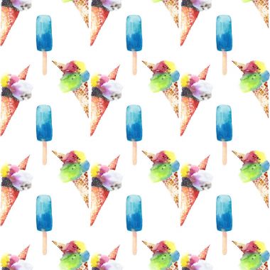 Parlak güzel ihale lezzetli lezzetli çikolata lezzetli yaz tatlı dondurma waffle boynuz ve renkli donmuş suyu desen suluboya el çizimi