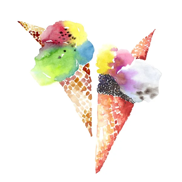 明亮的美丽的美好的美味的美味的巧克力的美味的夏天两个甜点是冰淇淋华夫格角模式水彩手图中 — 图库照片