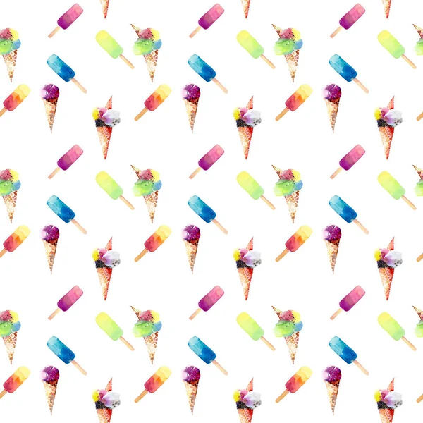 Vackra ljusa färgglada läckra läckra smaskiga Söt härlig sommar dessert fryst juice och glass i horn diagonala mönstret akvarell hand skiss — Stockfoto
