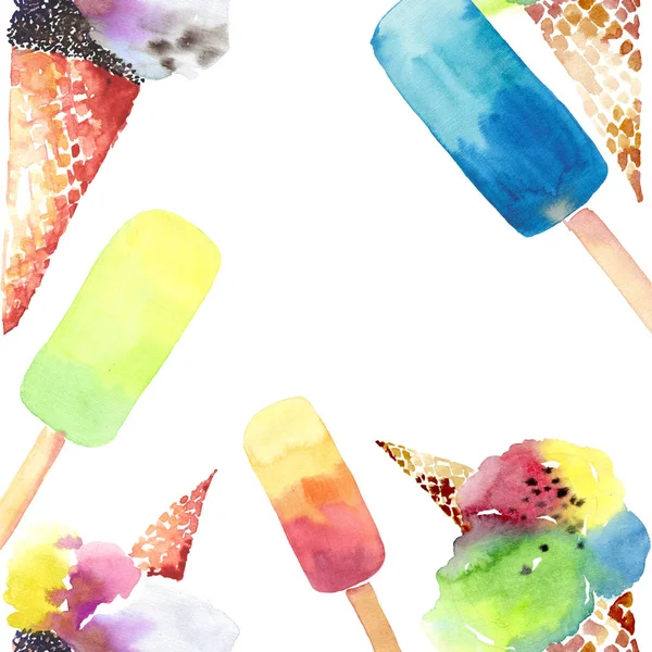 Прекрасне яскраве смачне шоколадне смачне літнє десертне морозиво у вафельному розі та різнокольоровий заморожений сік мила рамка акварельна ручна ілюстрація — стокове фото