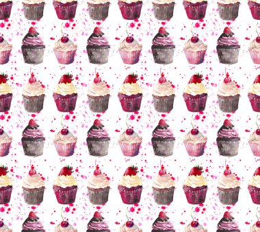 Kırmızı Kiraz çilek ve ahududu kırmızı pembe sprey desen suluboya el kroki üzerinde ile parlak güzel ihale lezzetli lezzetli çikolata lezzetli yaz tatlı cupcakes