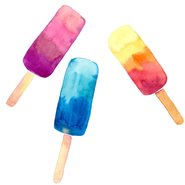美しい明るいカラフルなおいしいおいしいおいしいかわいい夏デザート冷たい新鮮な甘い 3 つの冷凍ジュース水彩手図 — ストック写真