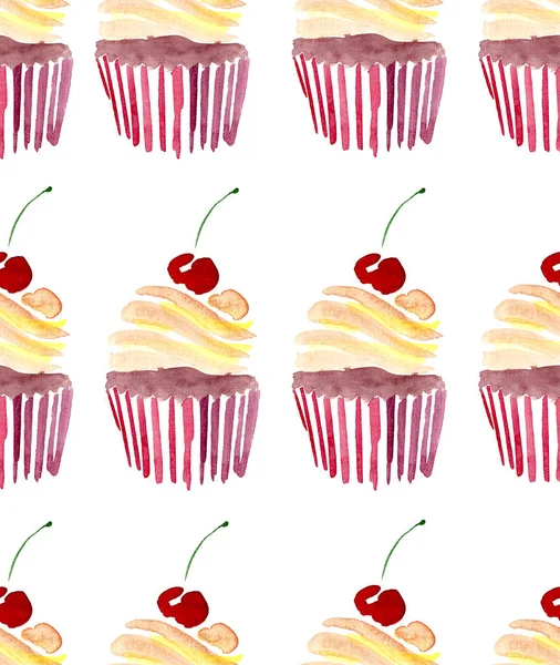 Heldere mooie tedere mooie schattige heerlijke smakelijke lekker zomer dessert twee cupcakes met rode kersen patroon aquarel hand schets — Stockfoto
