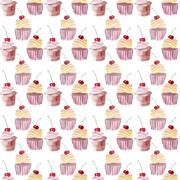 Hell schön zart reizend süß lecker lecker sommerliches Dessert zwei Cupcakes mit rotem Kirschmuster Aquarell Handskizze — Stockfoto