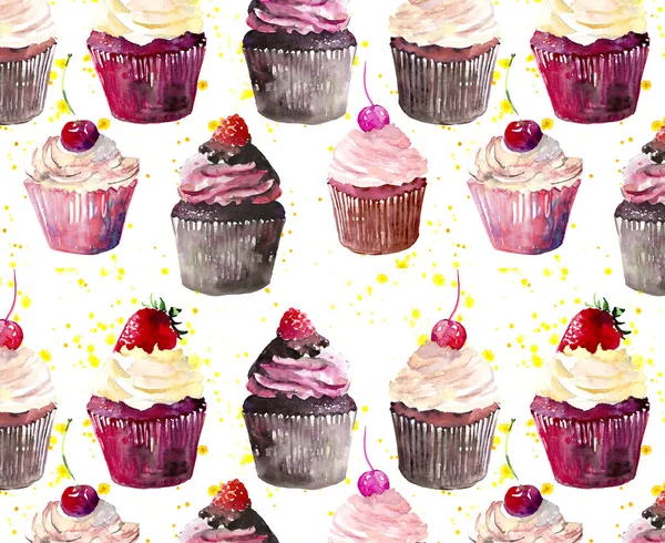 Bright beautiful tender delicious tasty chocolate yummy summer dessert cupcakes with red cherry strawberry and raspberry on yellow spray pattern watercolor hand illustration — Stock Photo, Image