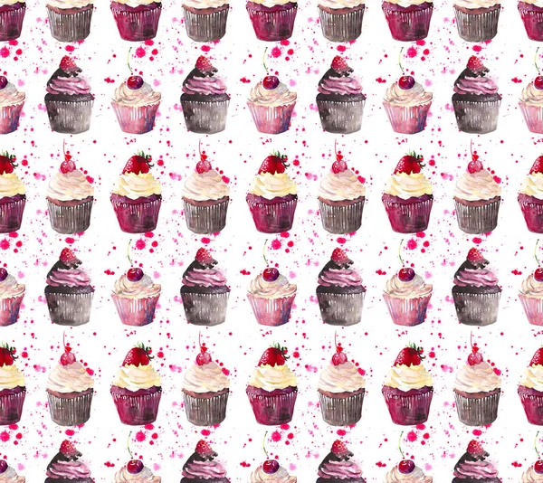 Brilhante belo concurso delicioso saboroso chocolate delicioso cupcakes de sobremesa de verão com morango cereja vermelha e framboesa no padrão de spray rosa vermelho aquarela esboço da mão — Fotografia de Stock