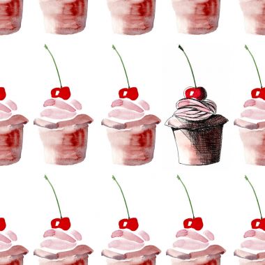 Kırmızı Kiraz desen kalem ve suluboya el kroki ile parlak güzel ihale güzel şirin lezzetli lezzetli lezzetli yaz tatlı bej cupcakes