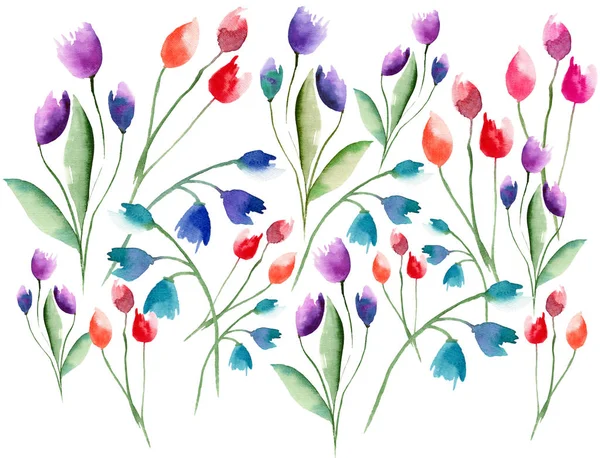 Inschrijving prachtige delicate helder verfijnde voorjaar kleurrijke kruiden textiel rood roze violet tulpen en blauwe bluebells met bladeren samenstelling aquarel hand schets — Stockfoto