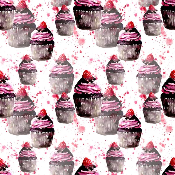 Beautiful tender bright graphic delicious tasty chocolate yummy summer dessert cupcakes with red raspberry on red spray pattern watercolor and pen hand sketch — Stock Photo, Image