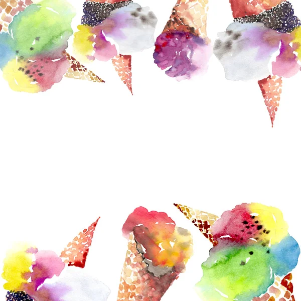 Piękny jasny pyszne smaczne czekolady pyszne lato deser lody wafel róg ramki Ładna dłoń akwarela ilustracji — Zdjęcie stockowe