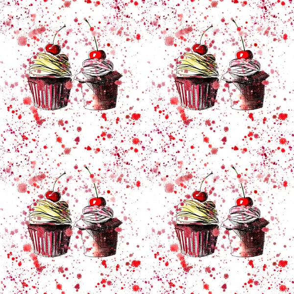 Brilhante belo concurso delicioso saboroso chocolate delicioso cupcakes de sobremesa de verão com morango cereja vermelha no spray rosa vermelho aquarela e caneta ilustração mão — Fotografia de Stock