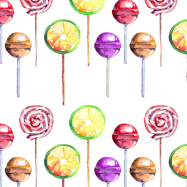 Hell schön bunt wunderbar lecker lecker lecker Sommer frisch Dessert Zitrone gedreht Karamell Bonbons auf einem Stick Muster Aquarell Hand Illustration — Stockfoto