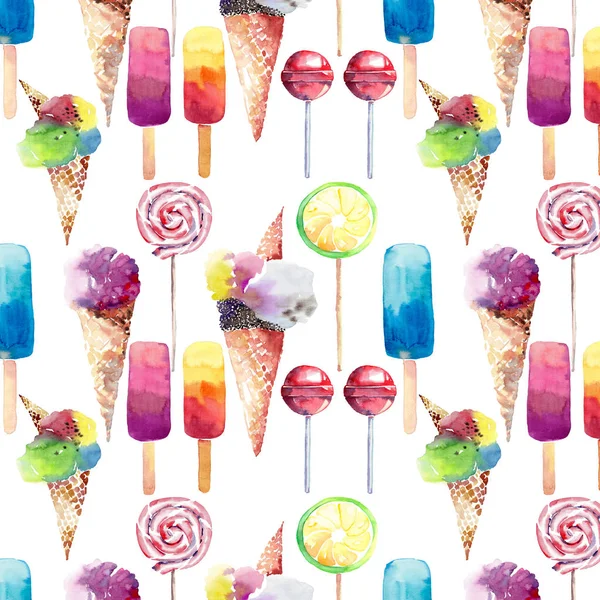 Beautiful bright colorful delicious tasty yummy cute summer dessert frozen juice ice cream in a waffle horn candies on a sticks pattern watercolor hand illustration — Stock Photo, Image