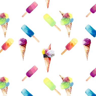 Dondurulmuş meyve suyu ve dondurma boynuz köşegen desen suluboya el kroki içinde güzel parlak renkli lezzetli lezzetli lezzetli tatlı güzel yaz tatlı