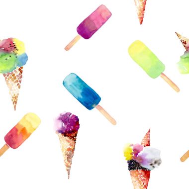 Dondurulmuş meyve suyu ve dondurma boynuz köşegen desen suluboya el kroki içinde güzel parlak renkli lezzetli lezzetli lezzetli tatlı güzel yaz tatlı