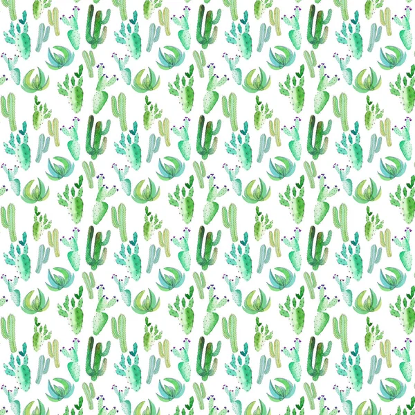 Bright lovely sophisticated mexican hawaii tropical floral herbal summer green pattern of a cactus paint like child watercolor and pen hand sketch — Stock Photo, Image