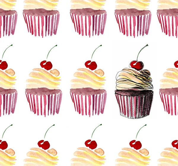 Brillante bello tenero bello meraviglioso carino delizioso gustoso gustoso dolce estivo cupcakes con disegno rosso ciliegia acquerello e penna mano schizzo — Foto Stock