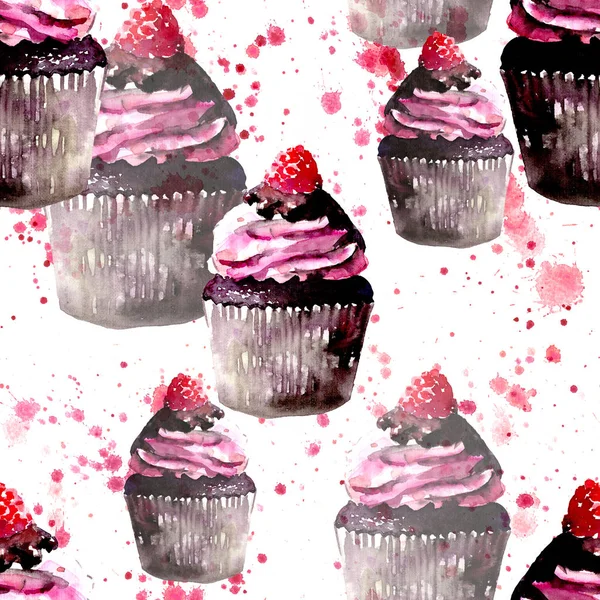 Schöne zarte helle Grafik köstliche leckere Schokolade leckere Sommer Dessert Cupcakes mit roten Himbeeren auf rotem Sprühmuster Aquarell und Stift Handskizze — Stockfoto