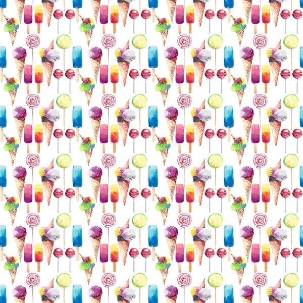 Όμορφο φωτεινό πολύχρωμο νόστιμα νόστιμα yummy χαριτωμένο καλοκαιρινό επιδόρπιο κατεψυγμένο χυμό παγωτό σε μια βάφλα κέρατο ζαχαρωτά σε μια απεικόνιση της υδατογραφίας χέρι μοτίβο μπαστούνια — Φωτογραφία Αρχείου