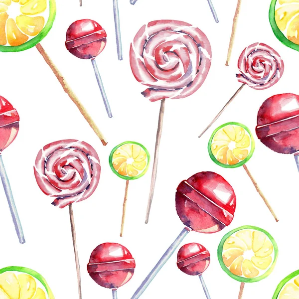 Schöne helle bunte köstliche leckere leckere süße Sommer Dessert Bonbons auf einem Stick verschiedene Formen diagonales Muster Aquarell Hand Illustration — Stockfoto