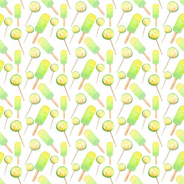 Güzel parlak lezzetli lezzetli lezzetli tatlı yaz tatlı taze limon suyu dondurma ve limonlu narenciye şekerler bir sopa desen suluboya el örnek üzerinde dondurulmuş
