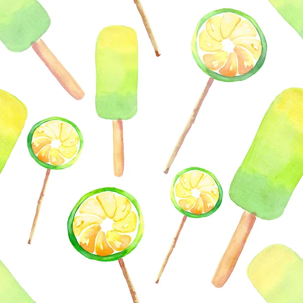 Hermoso brillante delicioso delicioso delicioso delicioso lindo postre de verano fresco limón congelado jugo helado y limón cítricos caramelos en un patrón de palos acuarela mano ilustración — Foto de Stock