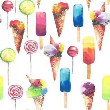 Güzel parlak renkli lezzetli lezzetli lezzetli tatlı yaz dondurulmuş tatlı suyu dondurma waffle boynuz şekerler bir sopa desen suluboya el örnek üzerinde