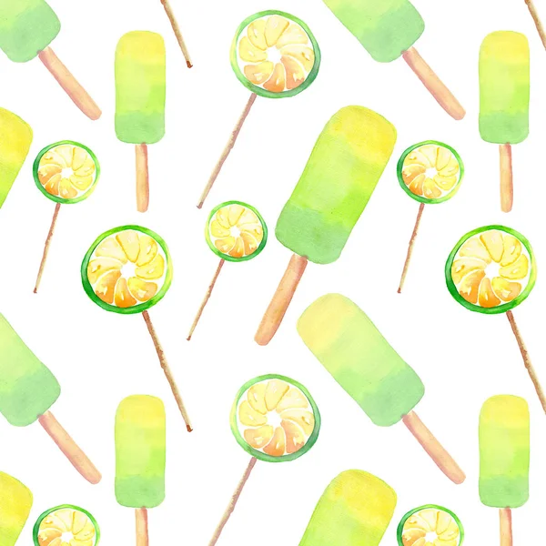 Mooie heldere heerlijke smakelijke lekker leuke zomerse dessert verse limoen citrus snoepjes ijs en citroen sap op een illustratie van stokken patroon aquarel hand bevroren — Stockfoto